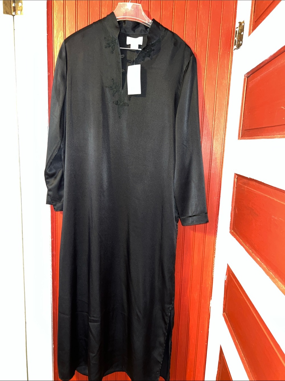 Cabernet Black Long Sleeve Maxi Dress with Embroidered Neckline